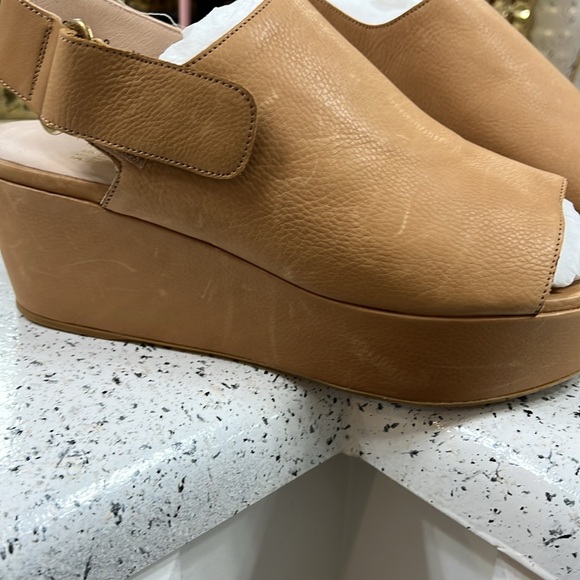 Stuart Weitzman Offset Leather Peep-Toe Wedge, Pecan - Picture 4 of 13